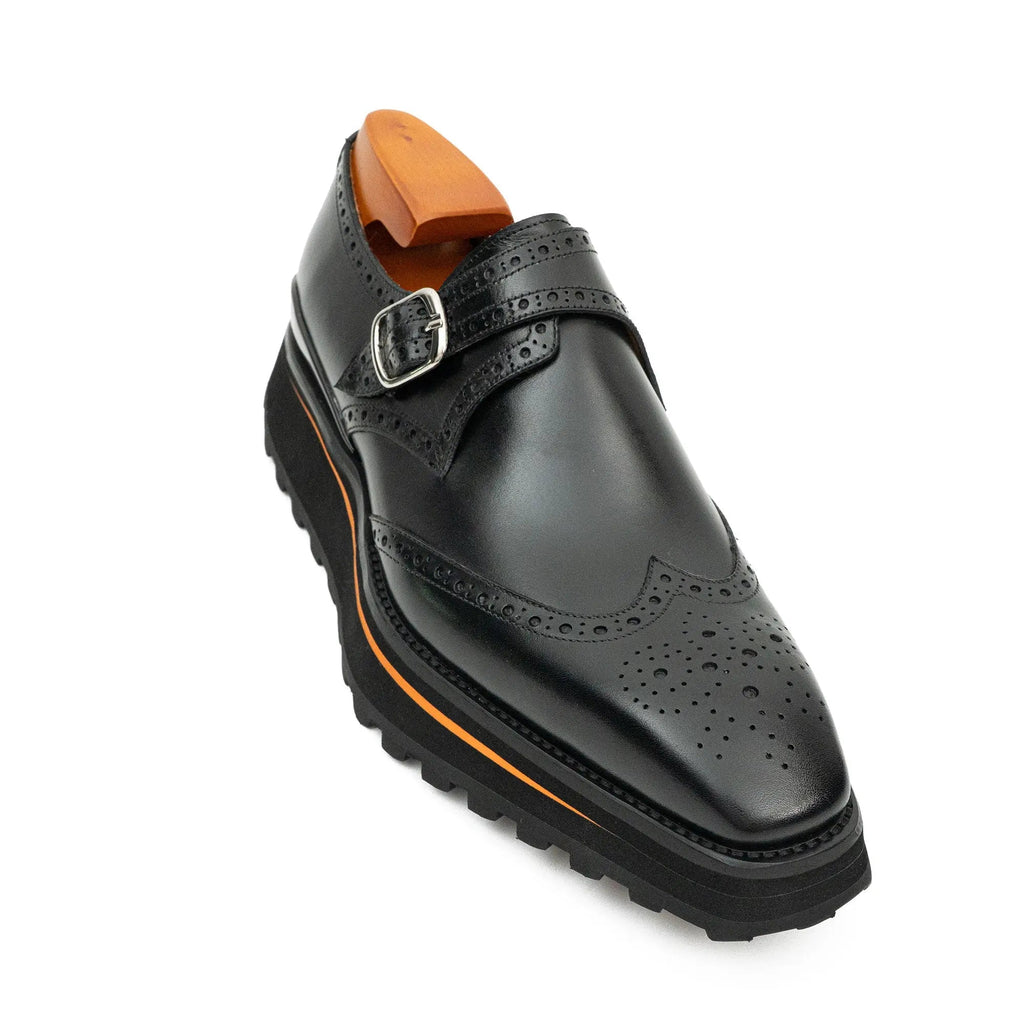 Black Brogue Monk Shoes With Chunky Sole Divinch