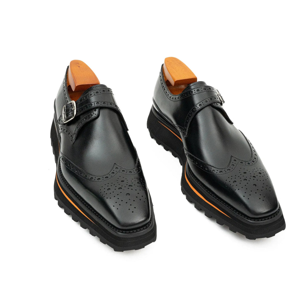 Black Brogue Monk Shoes With Chunky Sole Divinch