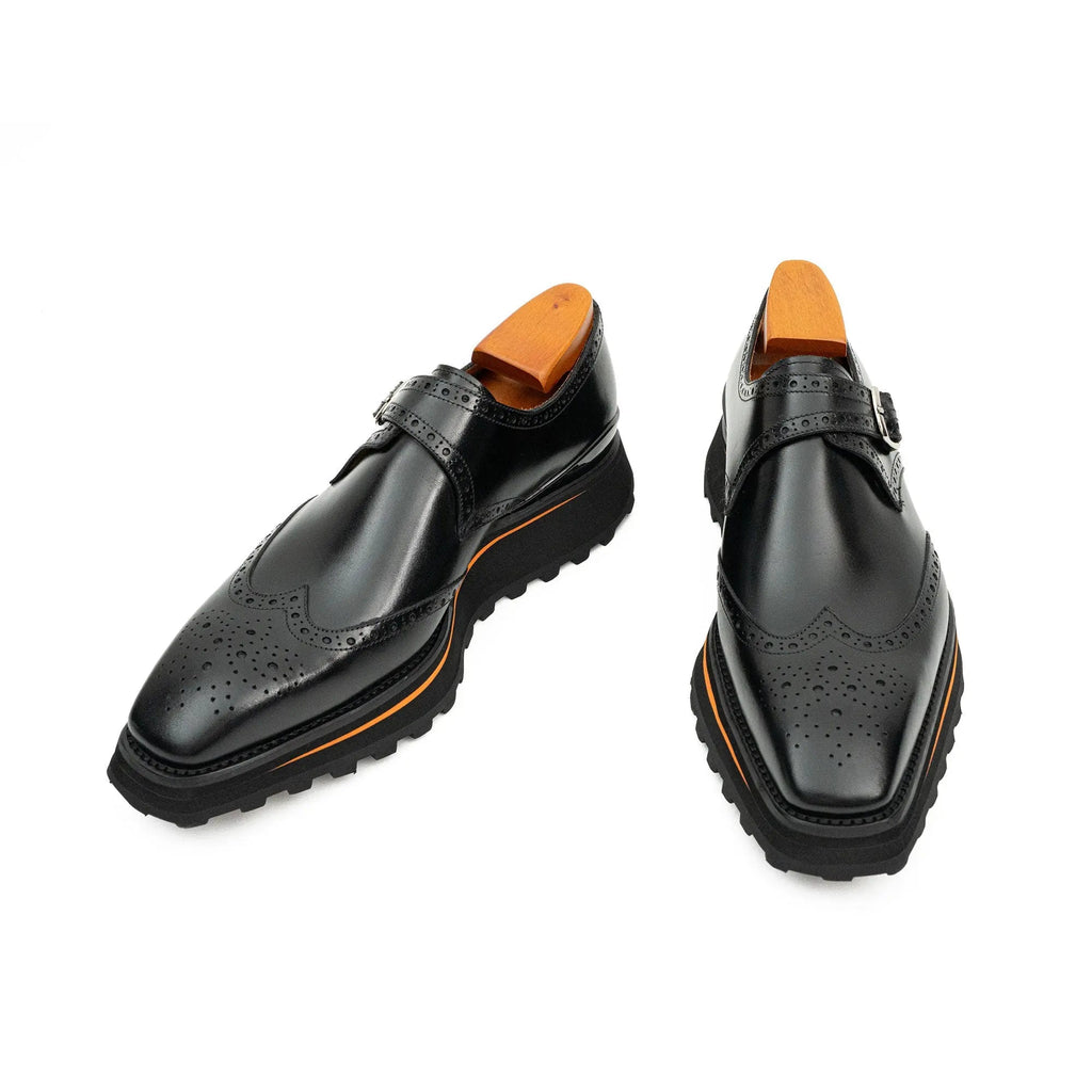 Black Brogue Monk Shoes With Chunky Sole Divinch