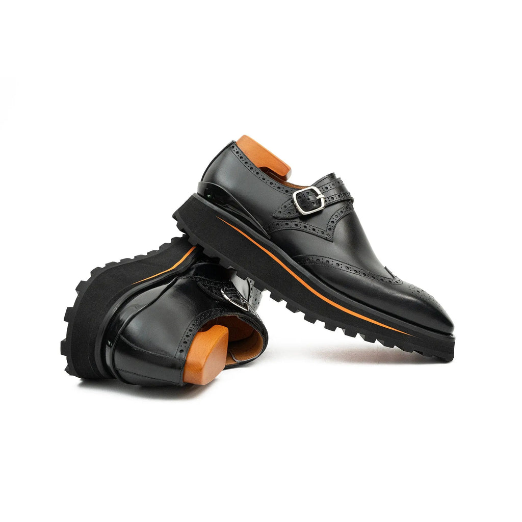 Black Brogue Monk Shoes With Chunky Sole Divinch