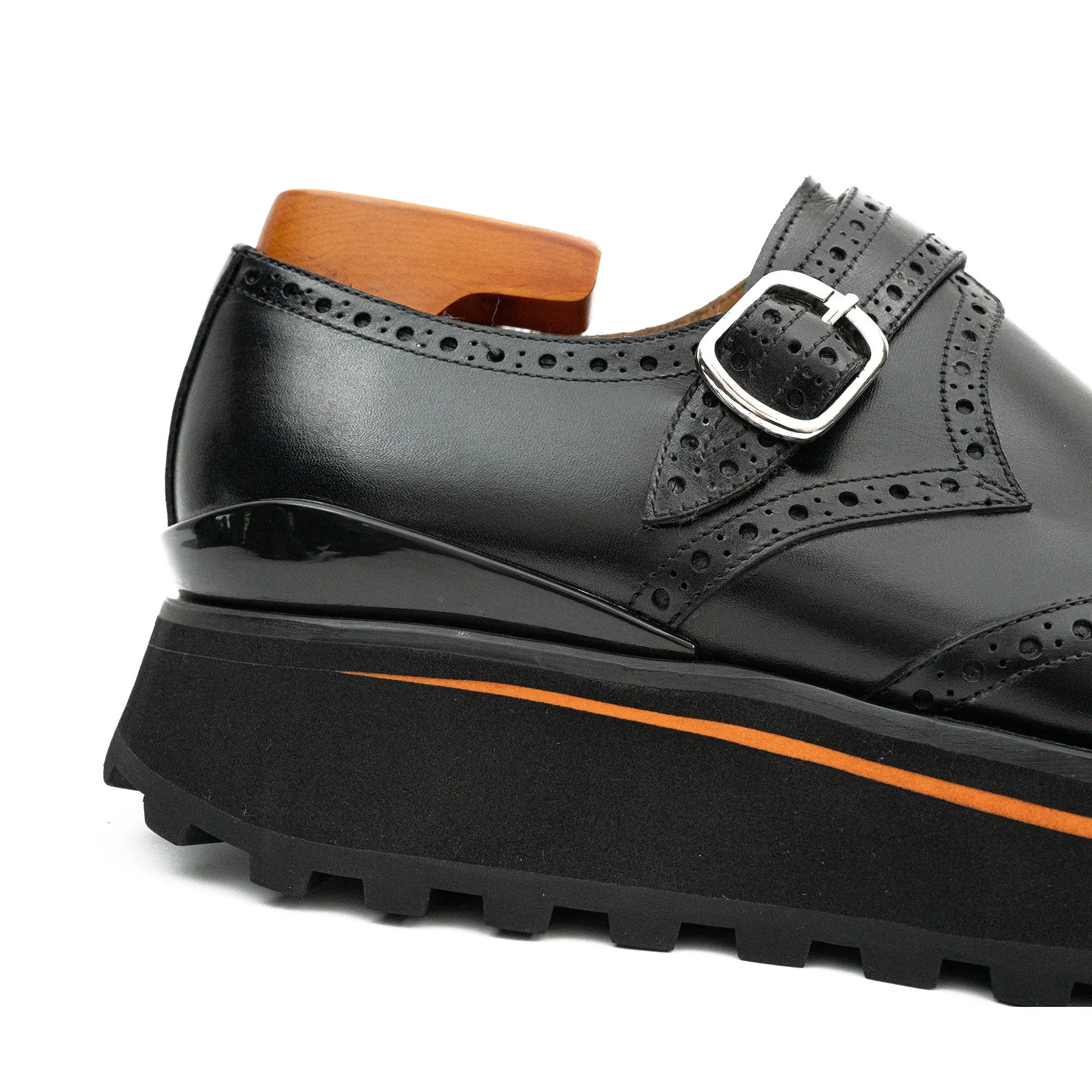 Black Brogue Monk Shoes With Chunky Sole Divinch