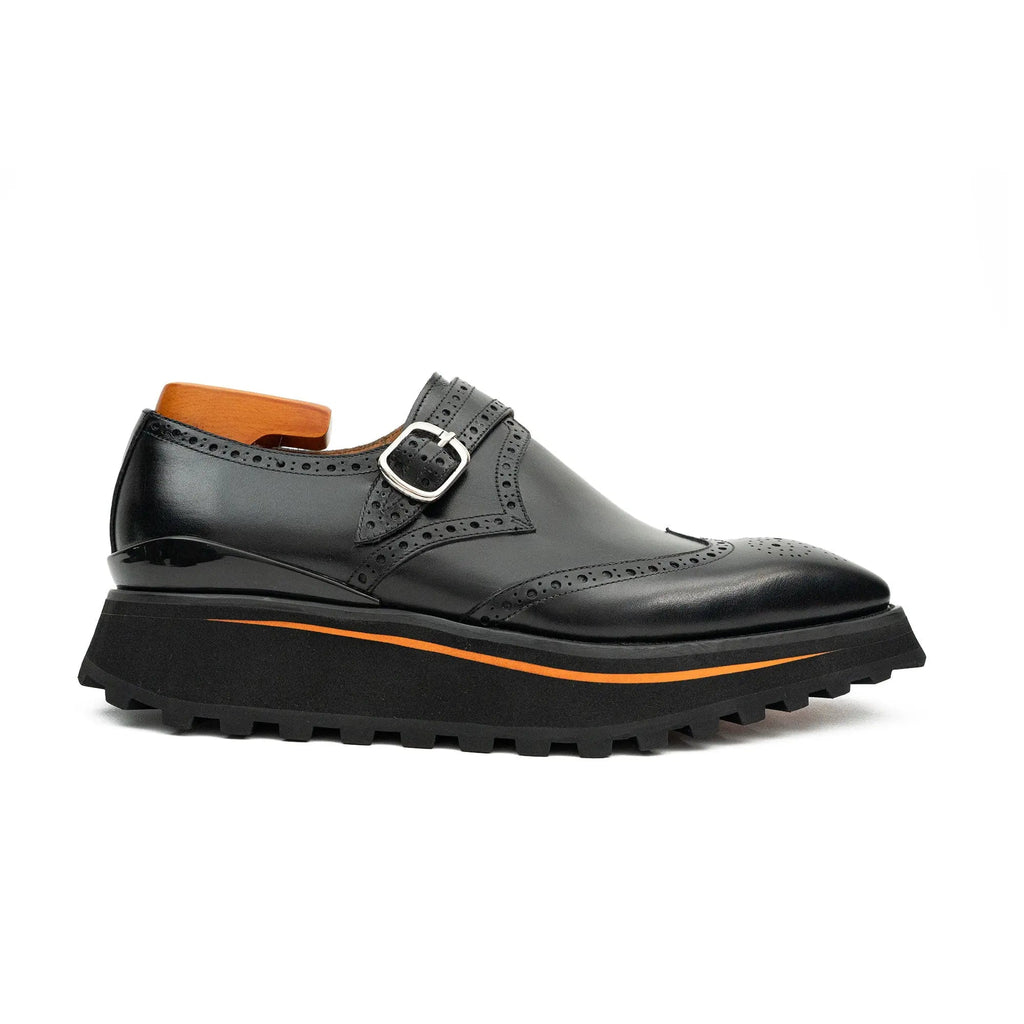 Black Brogue Monk Shoes With Chunky Sole Divinch