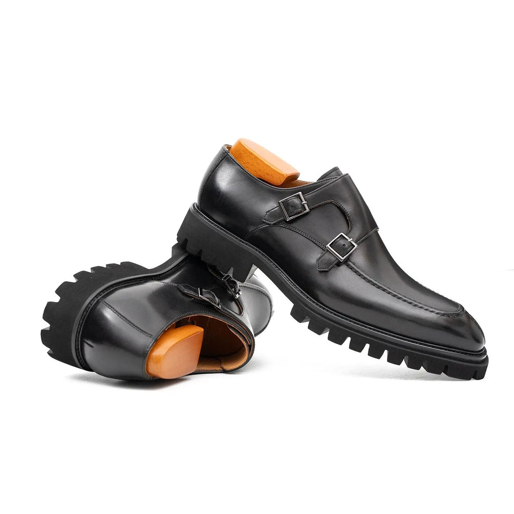 Black Double Monk Strap Leather Shoes DIVINCH
