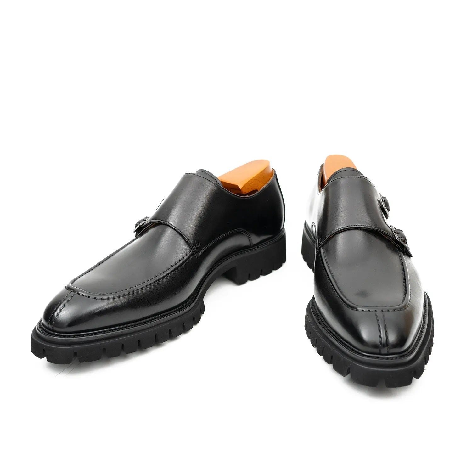 Black Double Monk Strap Leather Shoes DIVINCH