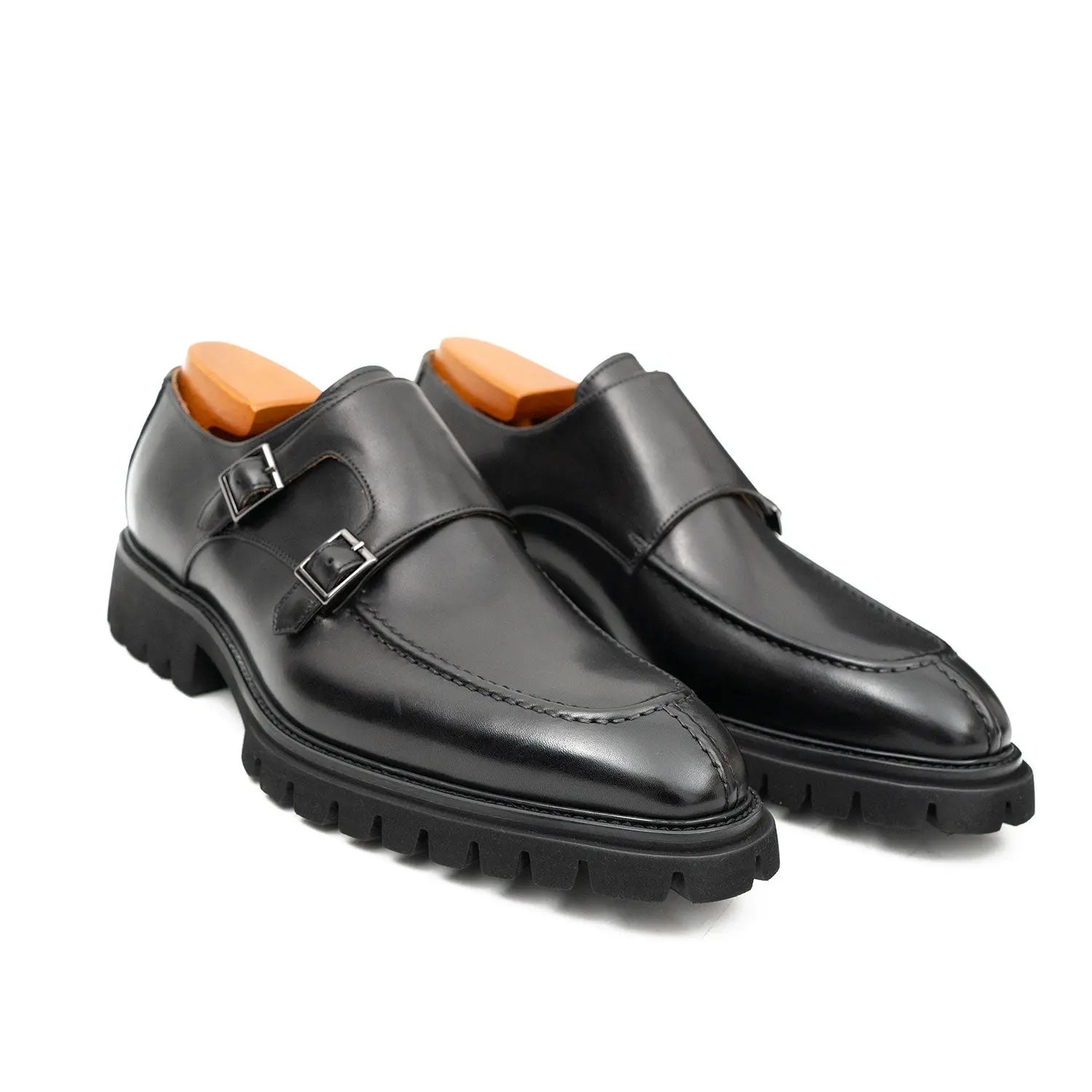 Black Double Monk Strap Leather Shoes DIVINCH