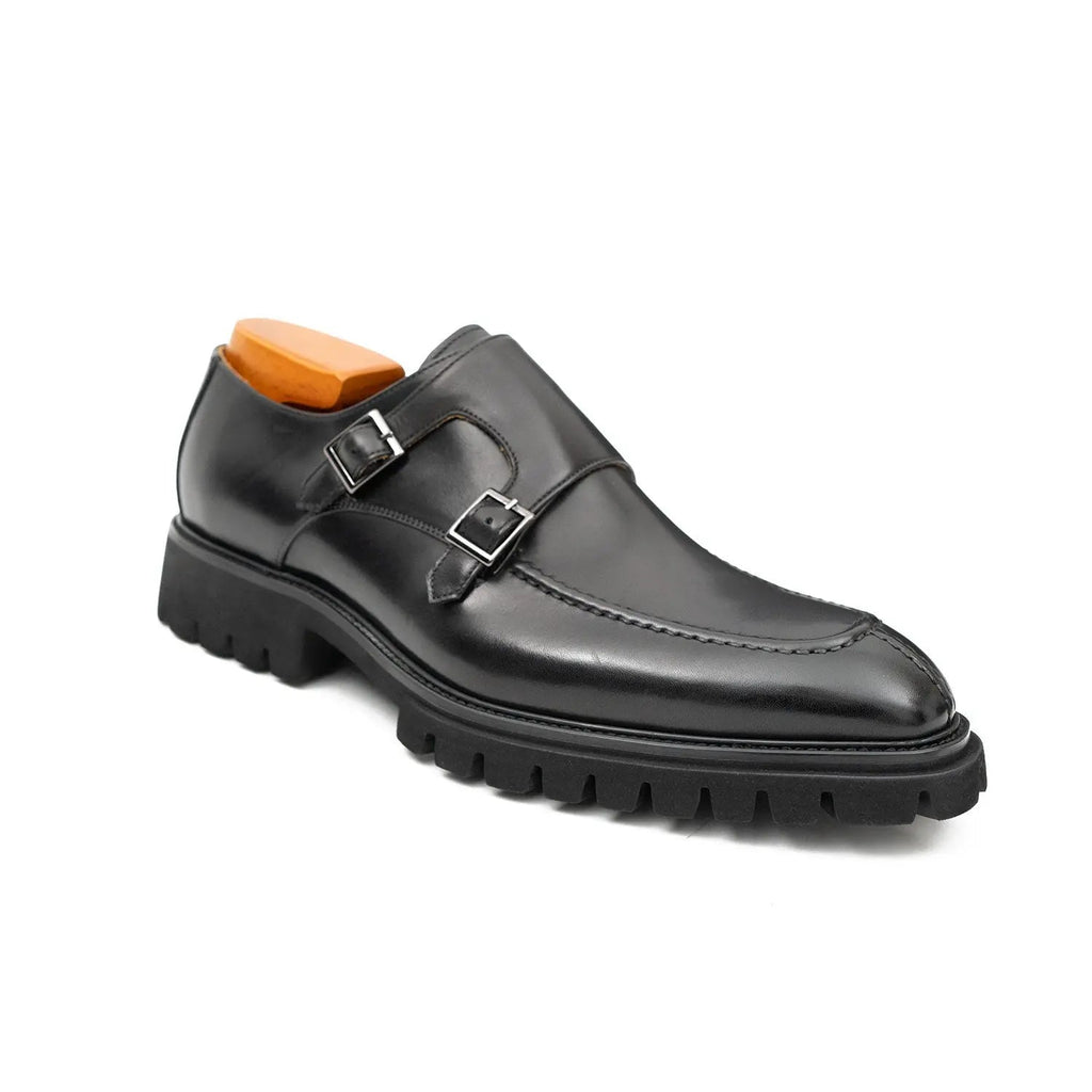 Black Double Monk Strap Leather Shoes DIVINCH