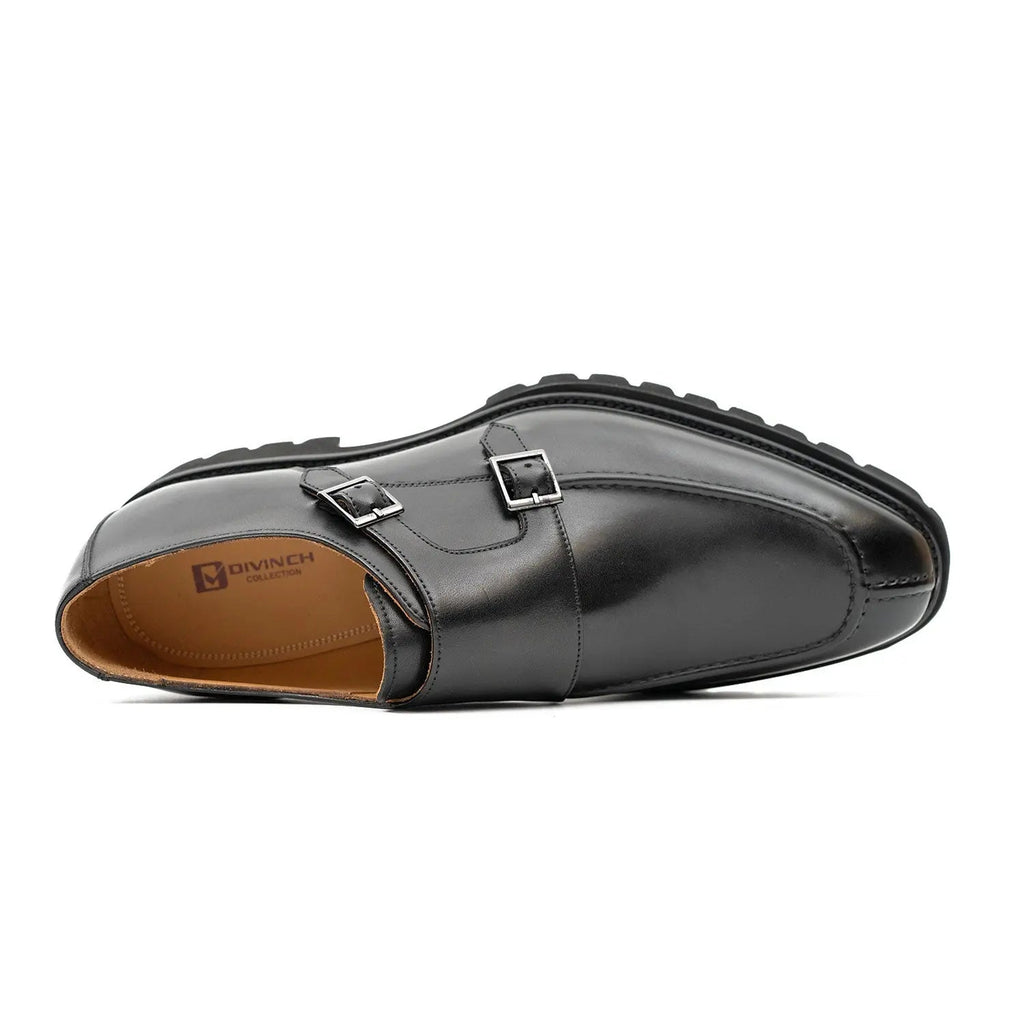 Black Double Monk Strap Leather Shoes DIVINCH