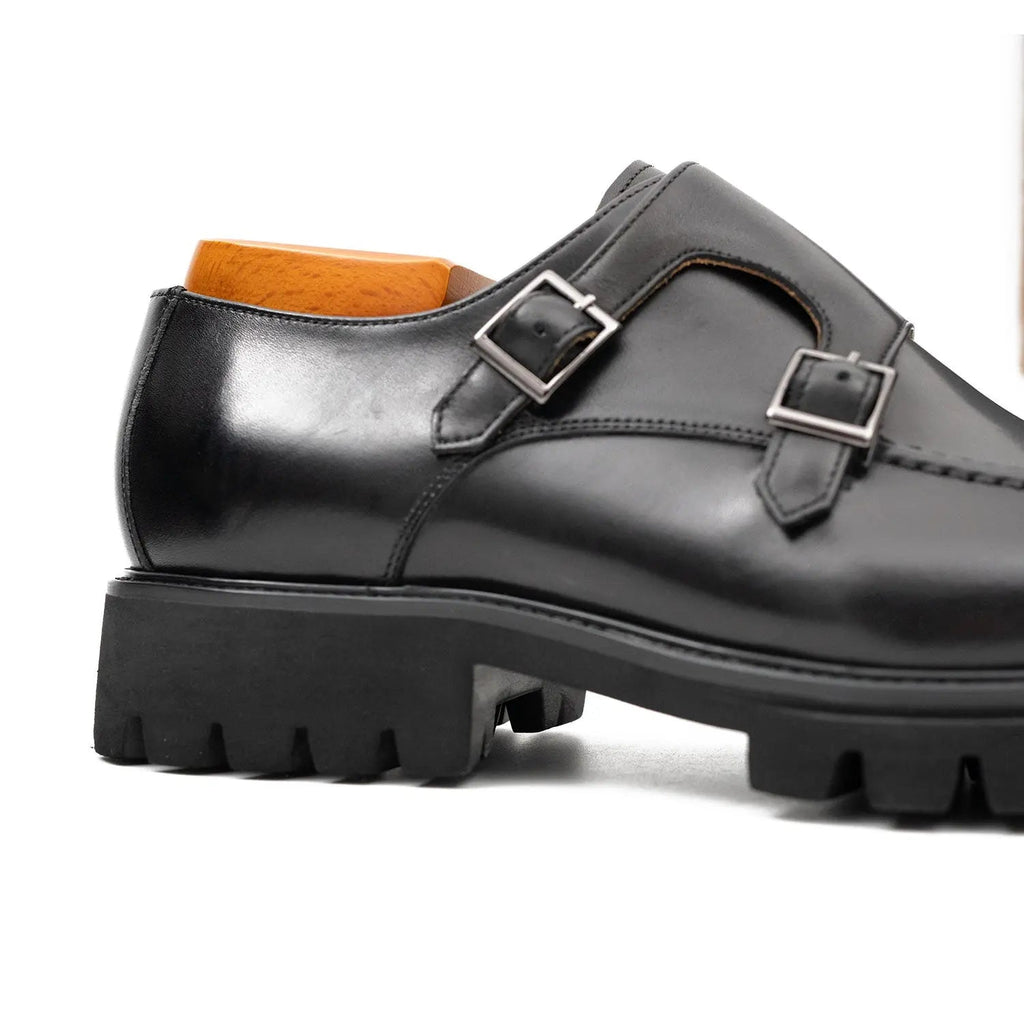 Black Double Monk Strap Leather Shoes DIVINCH
