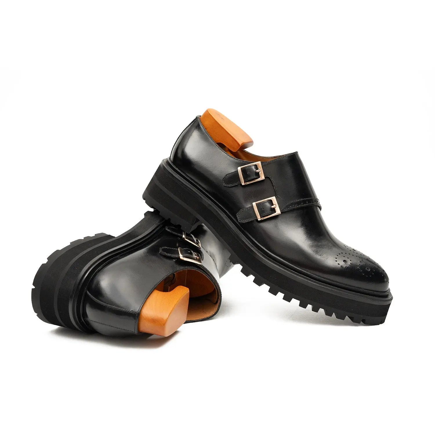 Black Dual-Buckle Chunky Sole Brogues Divinch