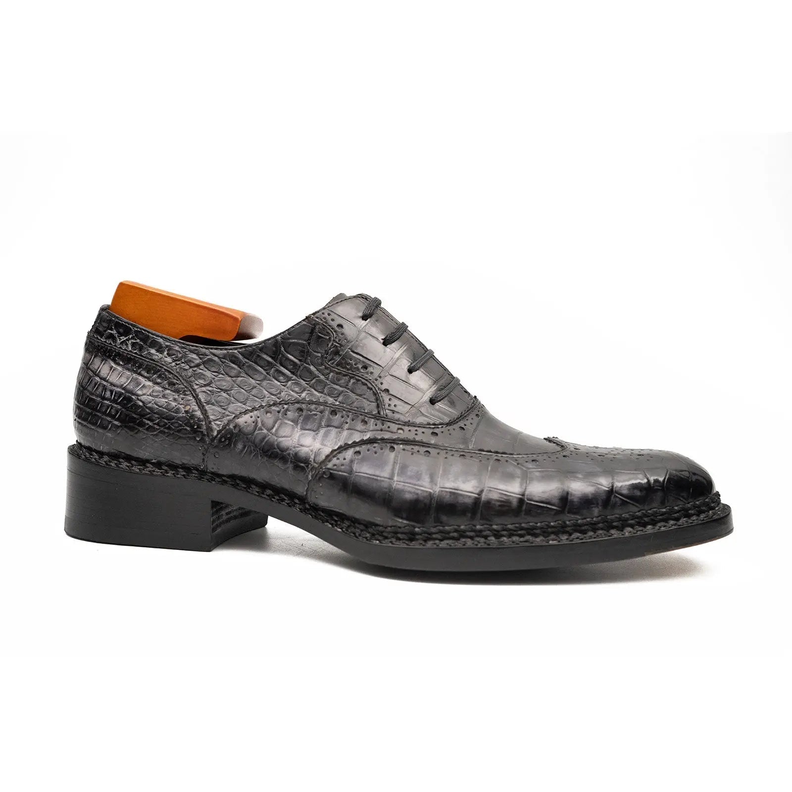 Black Grey Crocodile Oxford Shoes Goodyear Norwegian 8017 DIVINCH