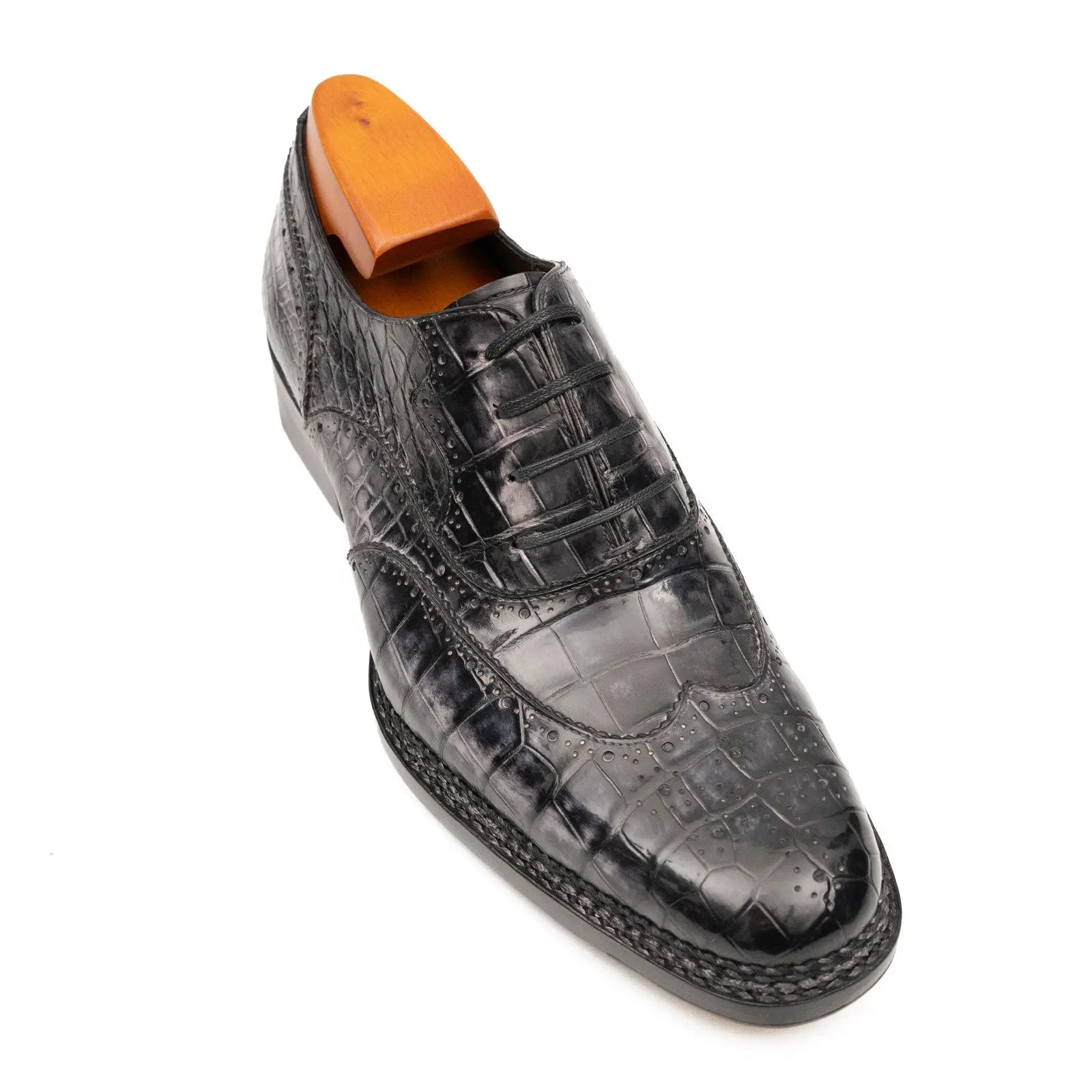 Black Grey Crocodile Oxford Shoes Goodyear Norwegian 8017 DIVINCH