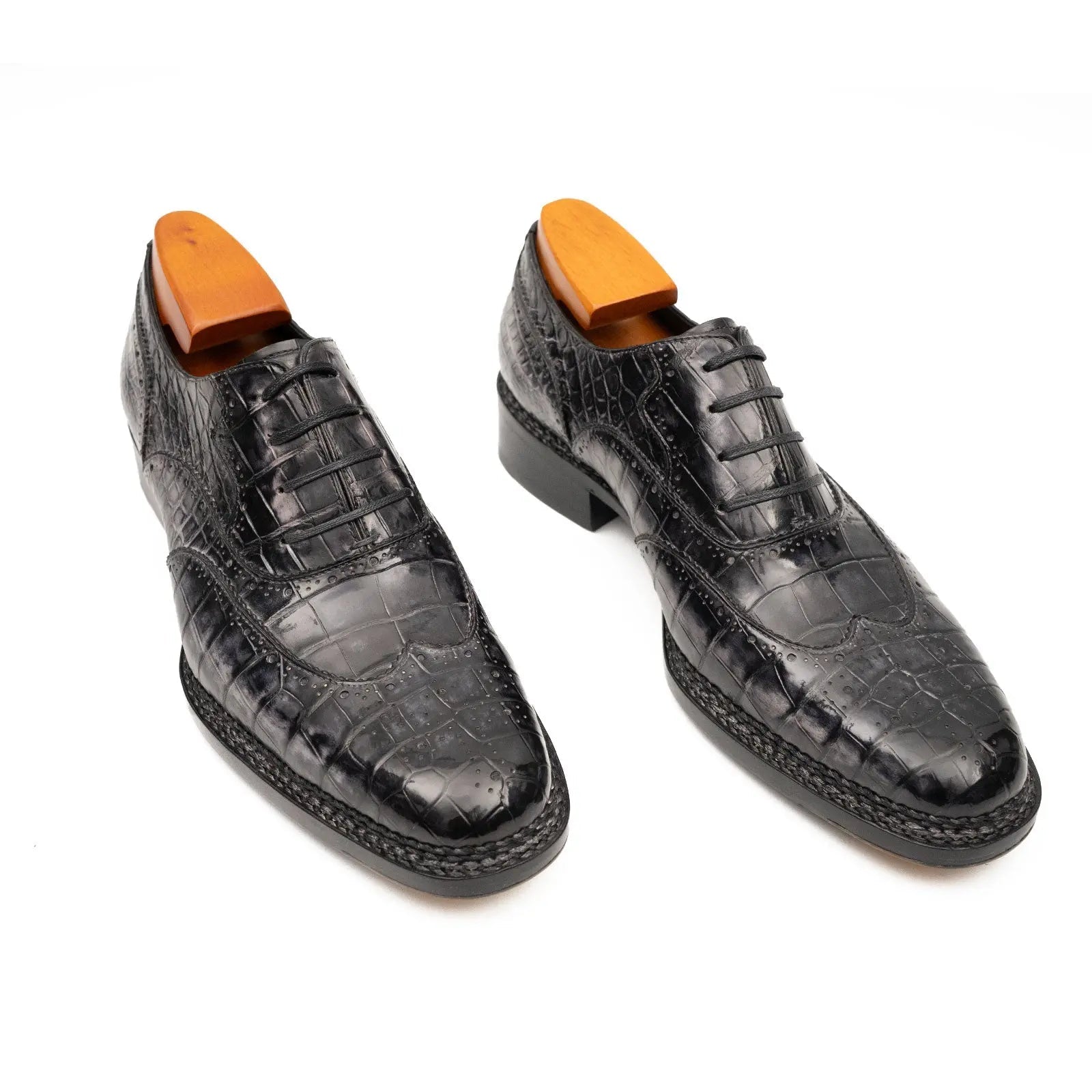 Black Grey Crocodile Oxford Shoes Goodyear Norwegian 8017 DIVINCH