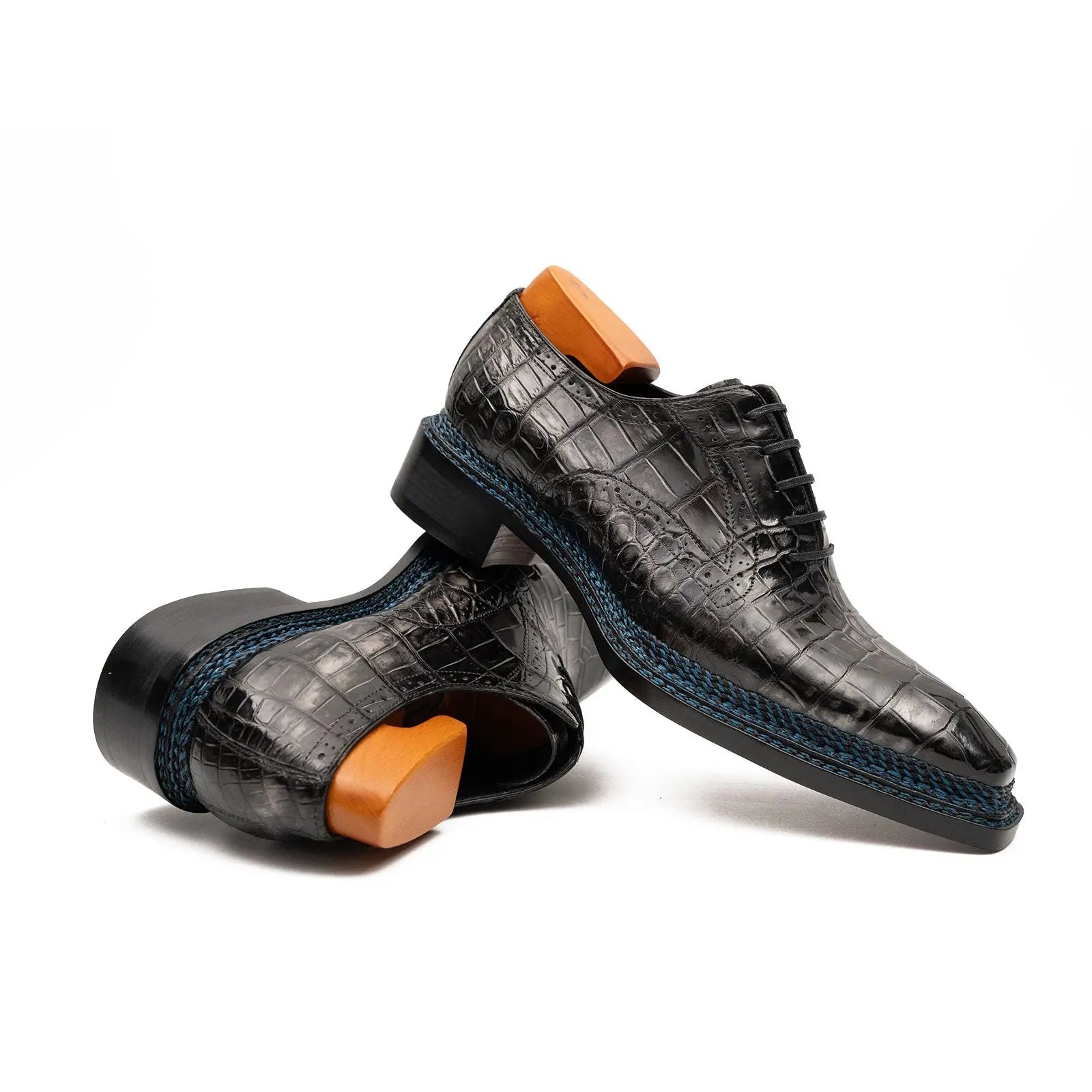 Black Grey Crocodile Oxford Shoes Goodyear Norwegian 8018 DIVINCH