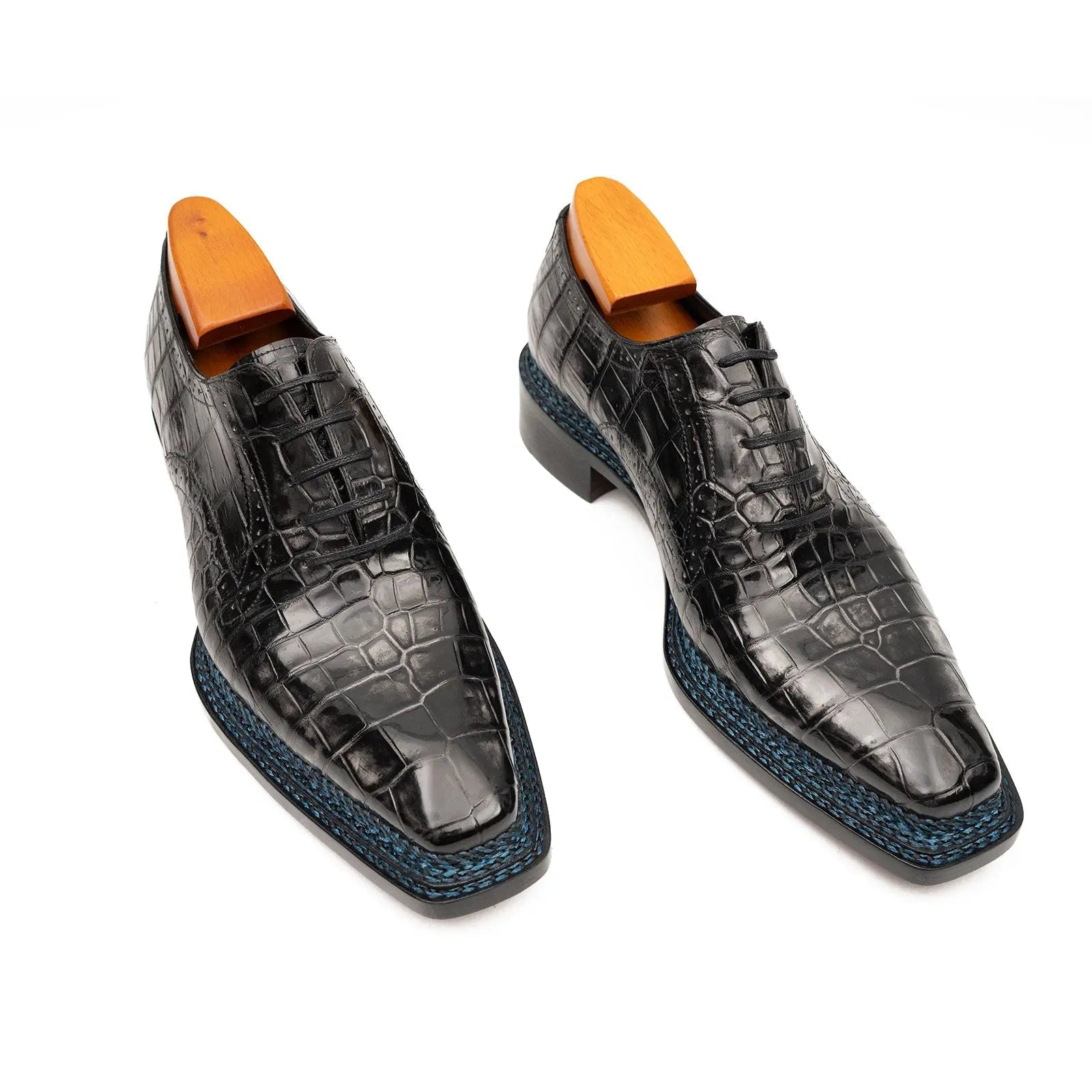 Black Grey Crocodile Oxford Shoes Goodyear Norwegian 8018 DIVINCH