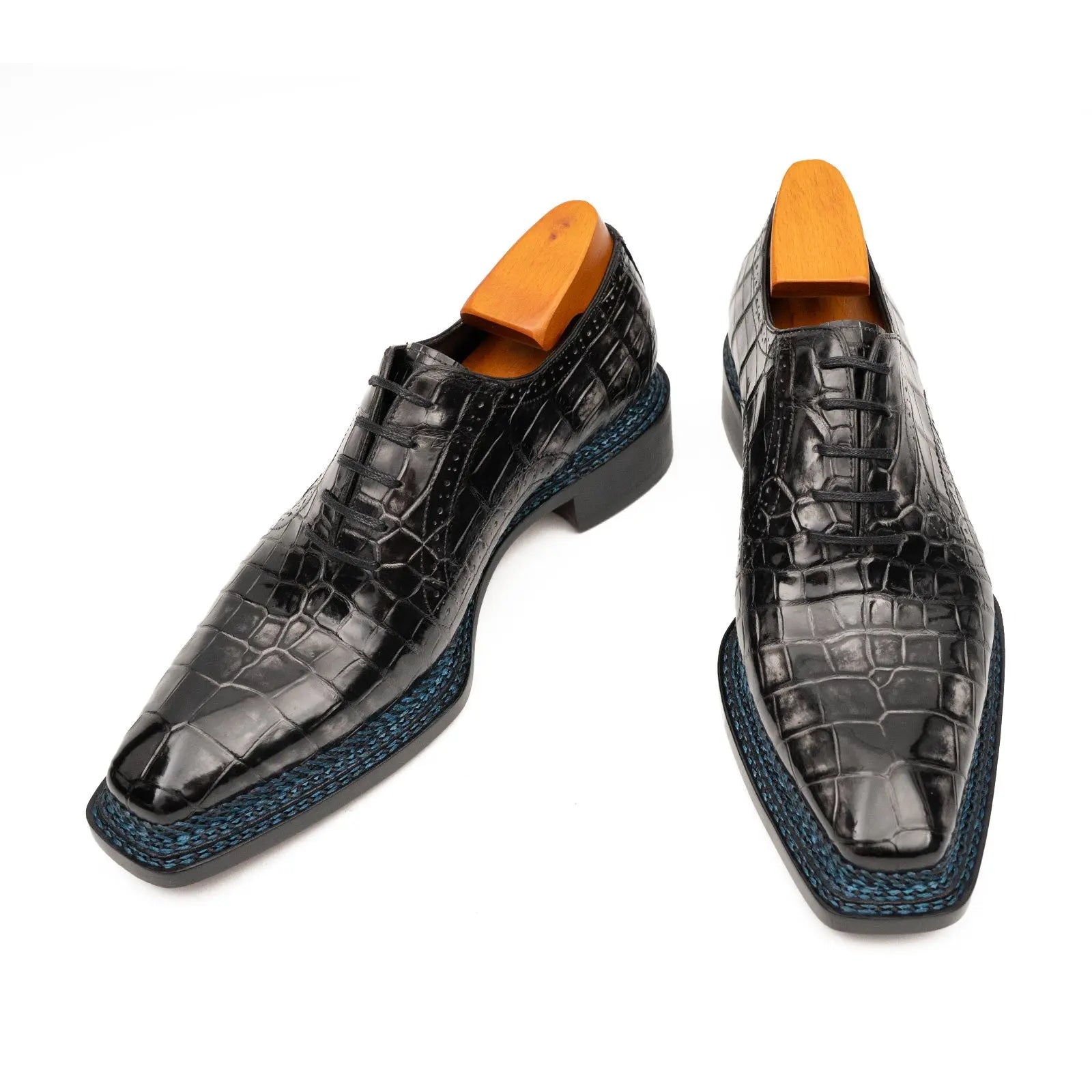 Black Grey Crocodile Oxford Shoes Goodyear Norwegian 8018 DIVINCH