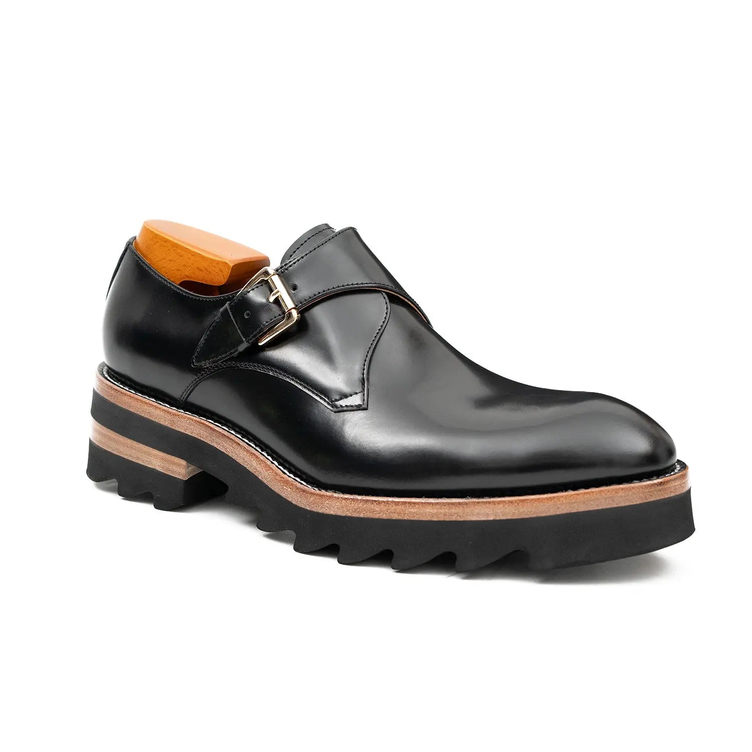Black Leather Monk Strap Shoes with Chunky Soles DIVINCH