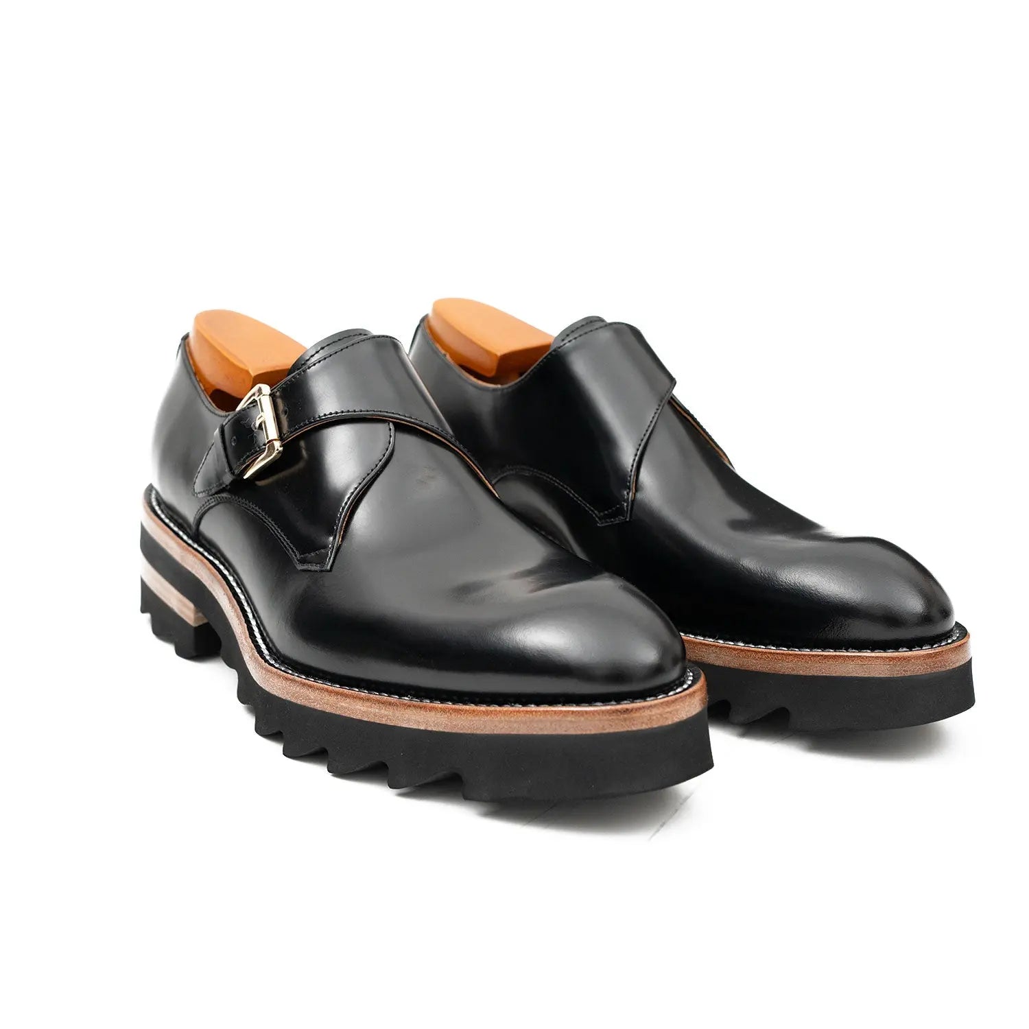Black Leather Monk Strap Shoes with Chunky Soles DIVINCH