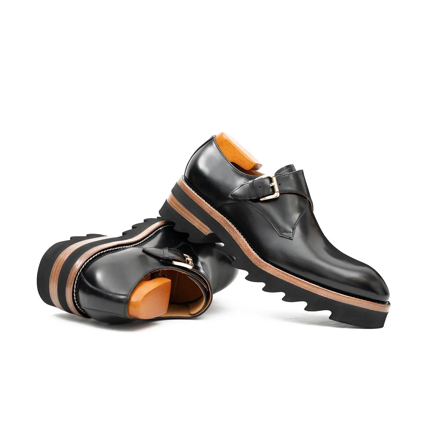 Black Leather Monk Strap Shoes with Chunky Soles DIVINCH