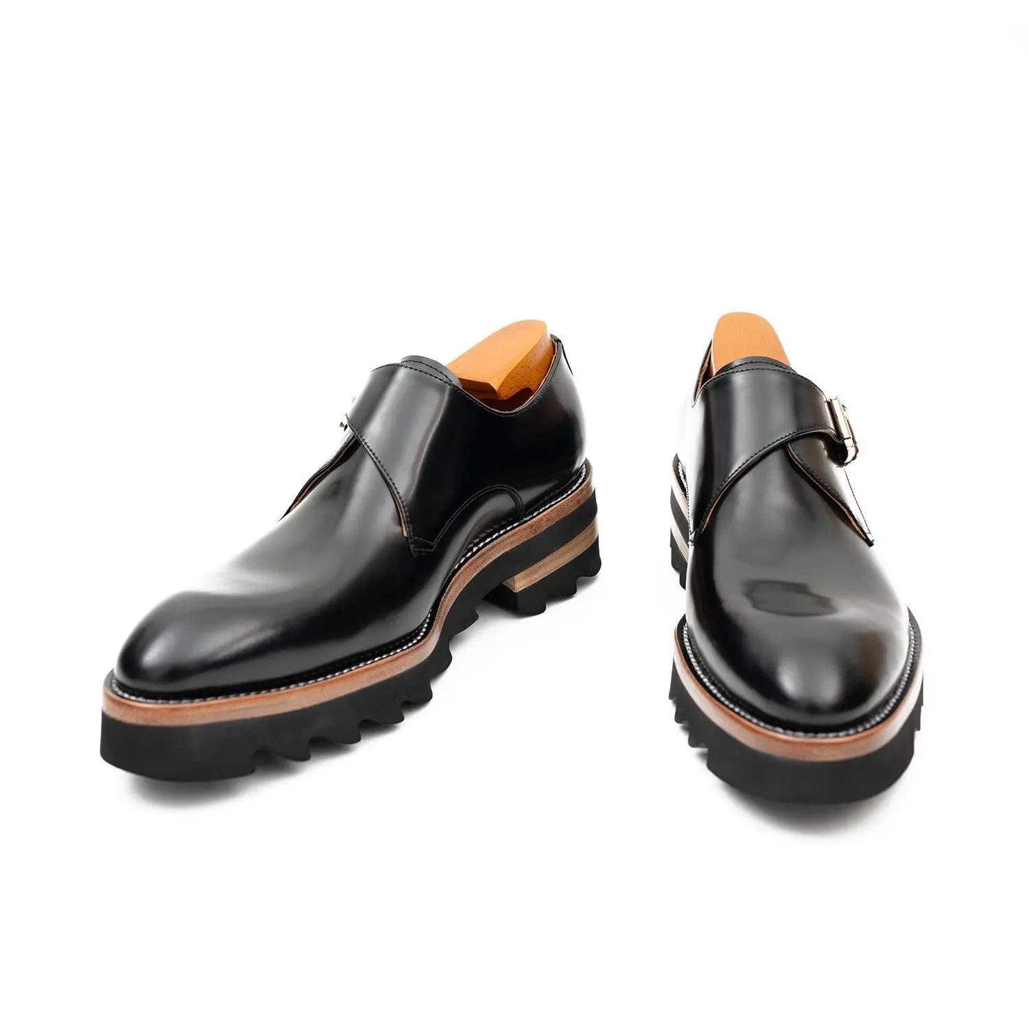 Black Leather Monk Strap Shoes with Chunky Soles DIVINCH