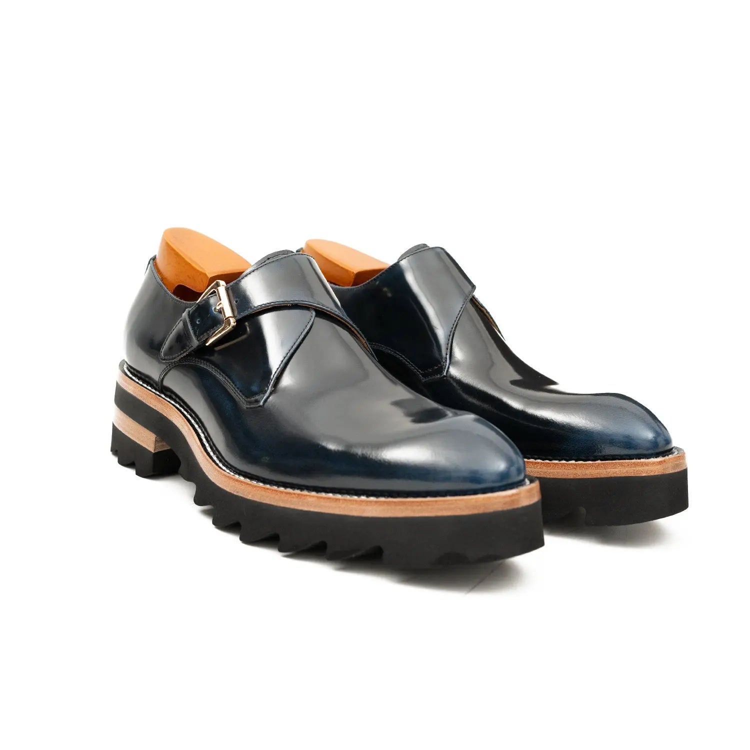 Blue Leather Monk Strap Shoes with Chunky Soles DIVINCH