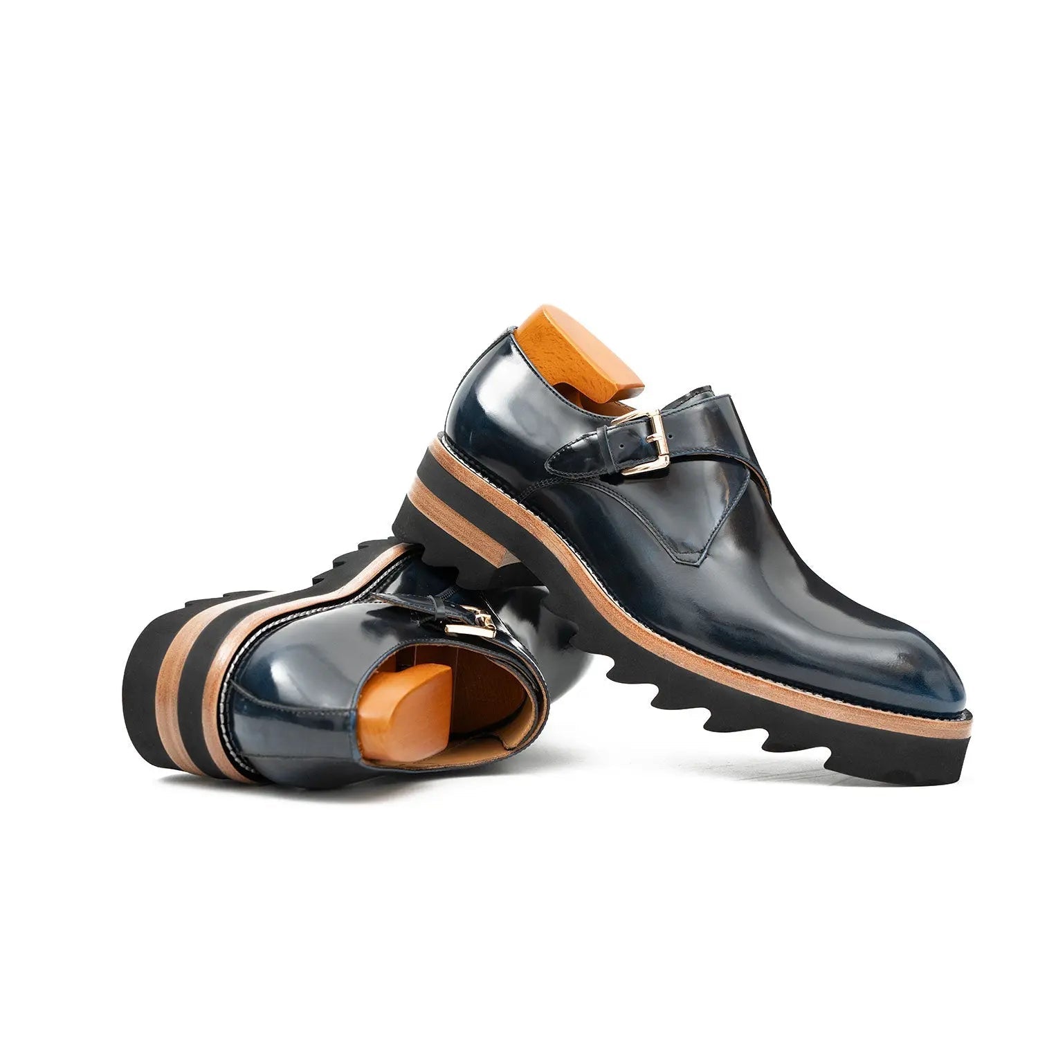 Blue Leather Monk Strap Shoes with Chunky Soles DIVINCH