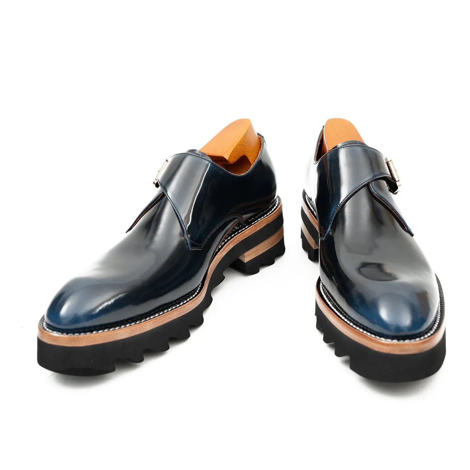 Blue Leather Monk Strap Shoes with Chunky Soles DIVINCH